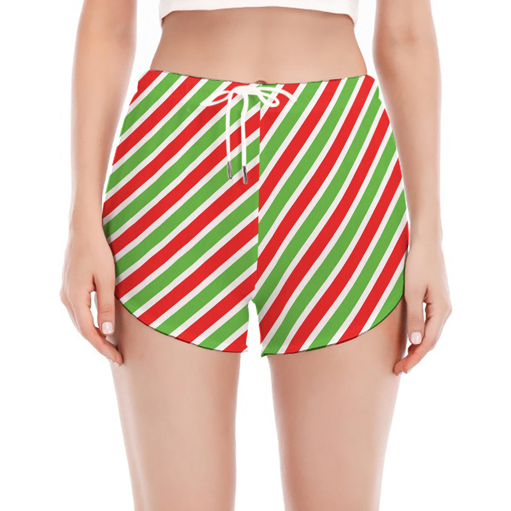 Red Green And White Candy Cane Print Women's Split Running Shorts