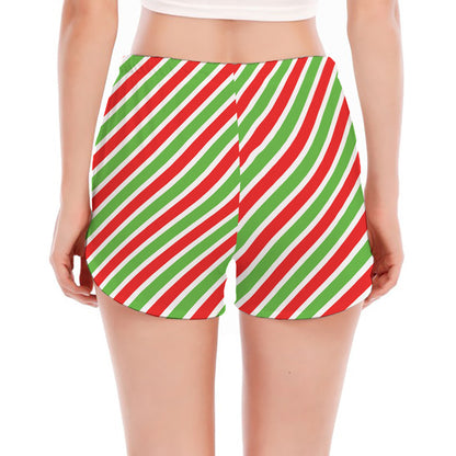 Red Green And White Candy Cane Print Women's Split Running Shorts