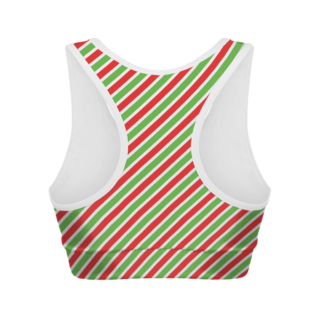Red Green And White Candy Cane Print Women's Sports Bra