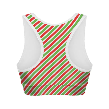 Red Green And White Candy Cane Print Women's Sports Bra