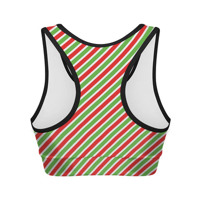 Red Green And White Candy Cane Print Women's Sports Bra