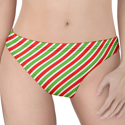 Red Green And White Candy Cane Print Women's Thong