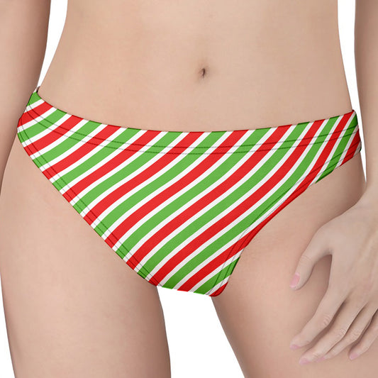 Red Green And White Candy Cane Print Women's Thong