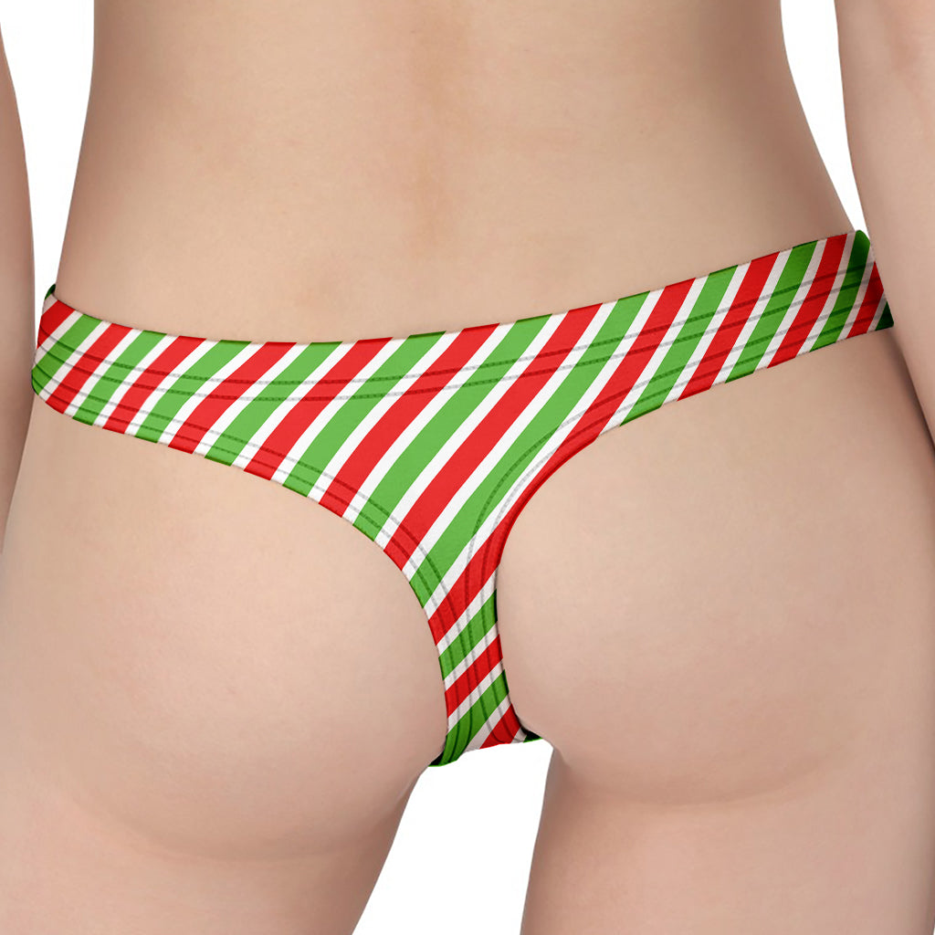 Red Green And White Candy Cane Print Women's Thong