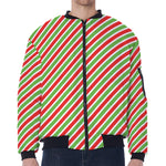 Red Green And White Candy Cane Print Zip Sleeve Bomber Jacket