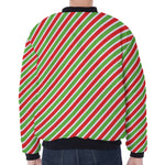 Red Green And White Candy Cane Print Zip Sleeve Bomber Jacket