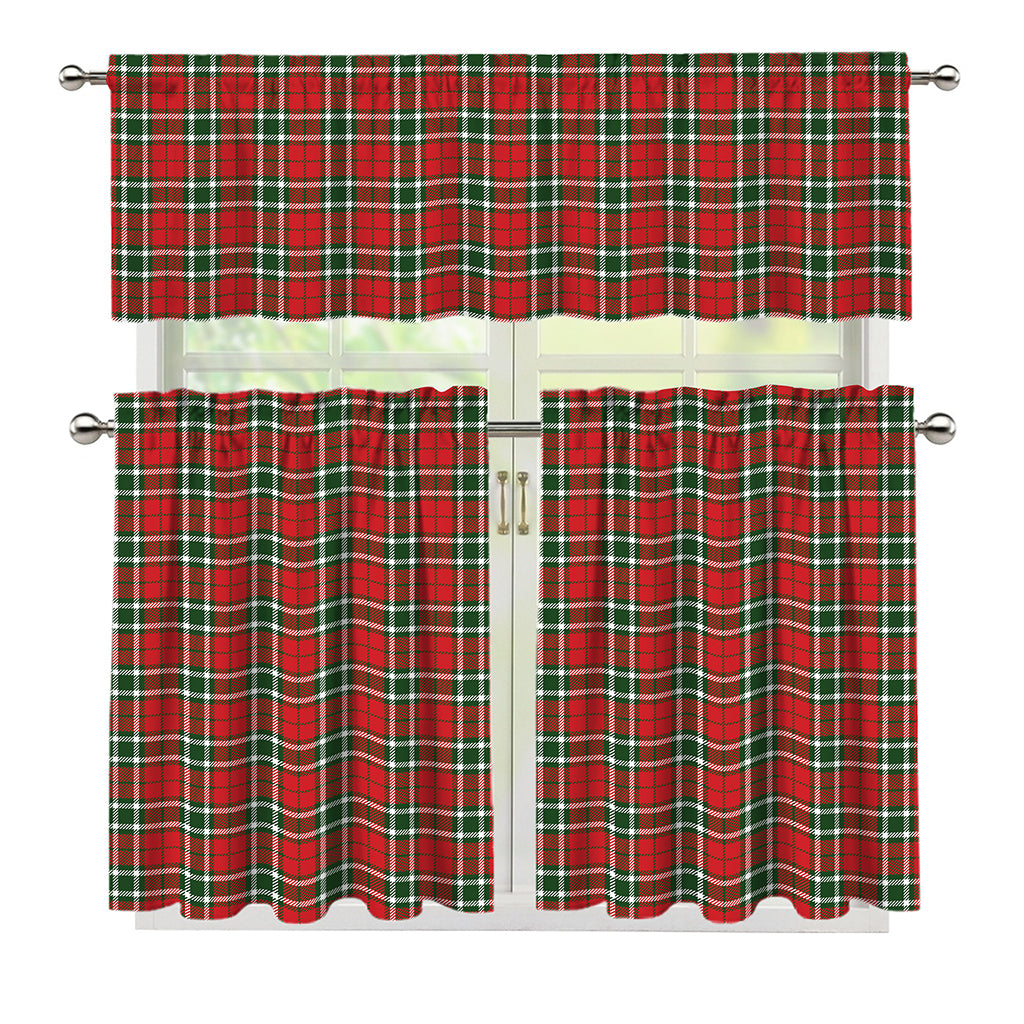 Red Green And White Tartan Pattern Print 3 Piece Kitchen Curtains