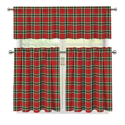 Red Green And White Tartan Pattern Print 3 Piece Kitchen Curtains