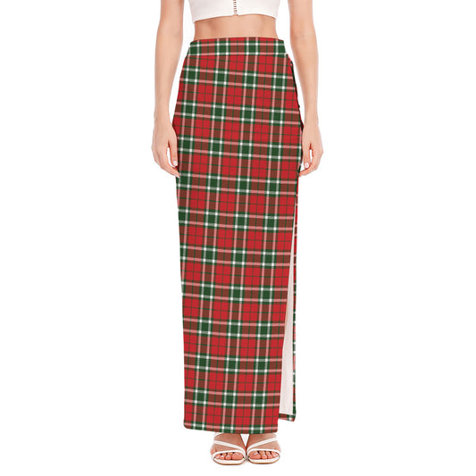 Red Green And White Tartan Pattern Print High Slit Maxi Skirt