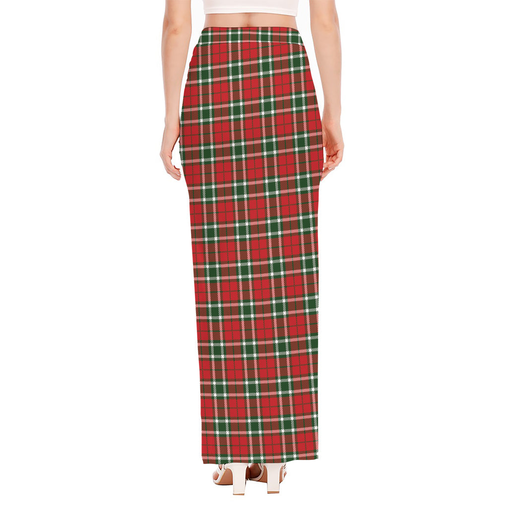 Red Green And White Tartan Pattern Print High Slit Maxi Skirt