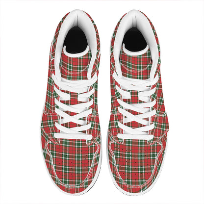 Red Green And White Tartan Pattern Print High Top Leather Sneakers