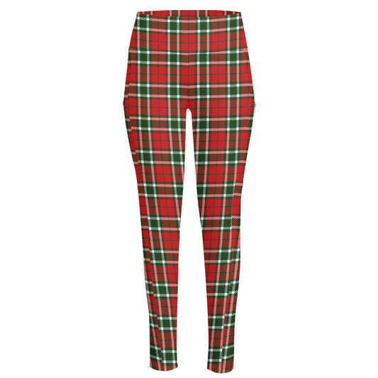 Red Green And White Tartan Pattern Print High-Waisted Pocket Leggings