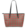 Red Green And White Tartan Pattern Print Leather Tote Bag With Zipper