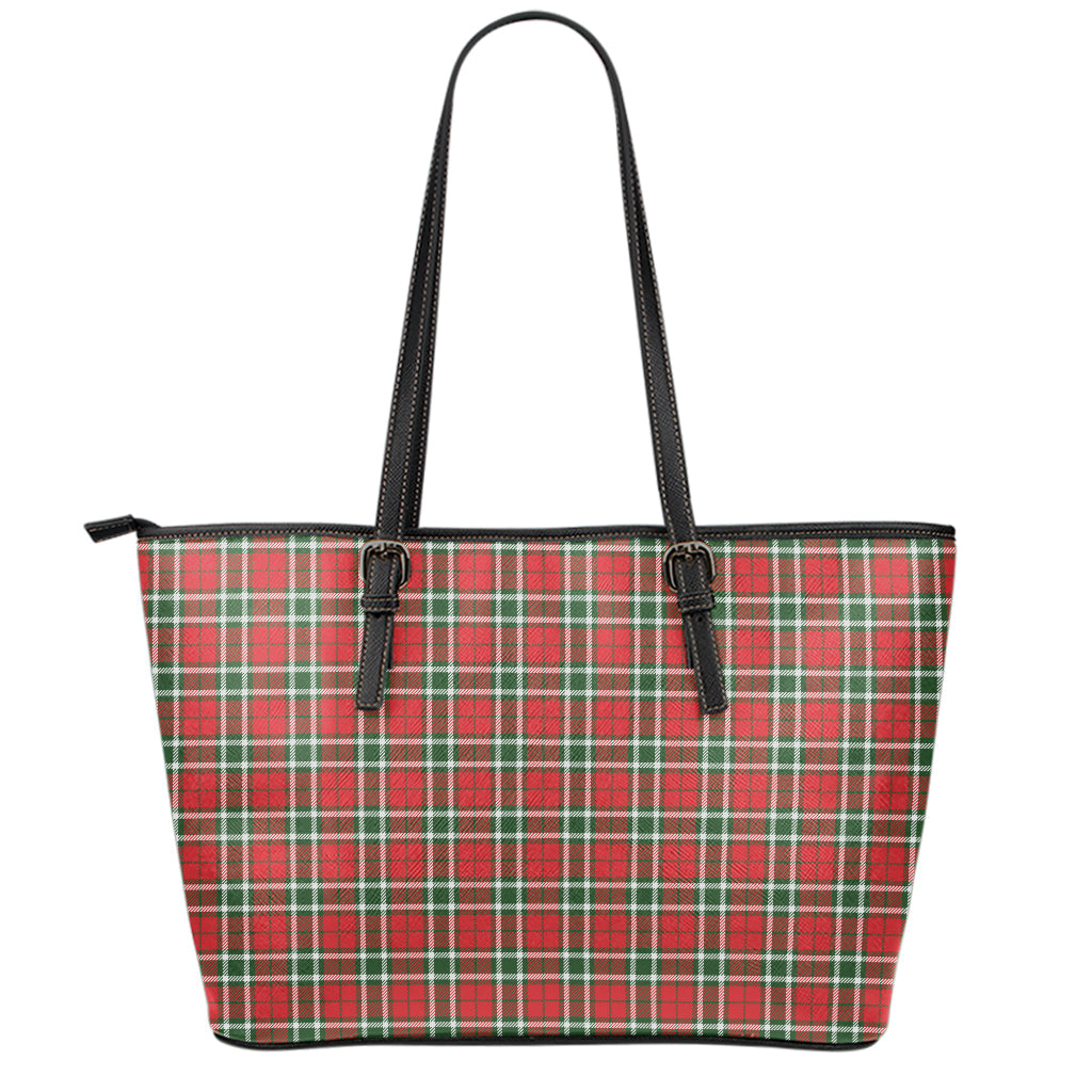 Red Green And White Tartan Pattern Print Leather Tote Bag