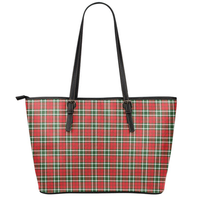 Red Green And White Tartan Pattern Print Leather Tote Bag