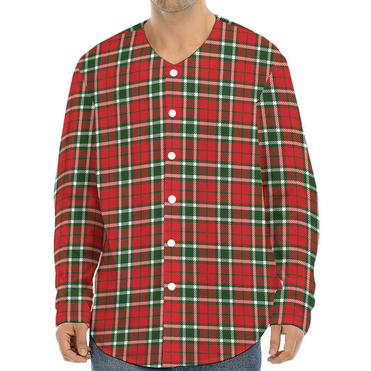 Red Green And White Tartan Pattern Print Long Sleeve Baseball Jersey