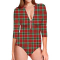 Red Green And White Tartan Pattern Print Long Sleeve Swimsuit