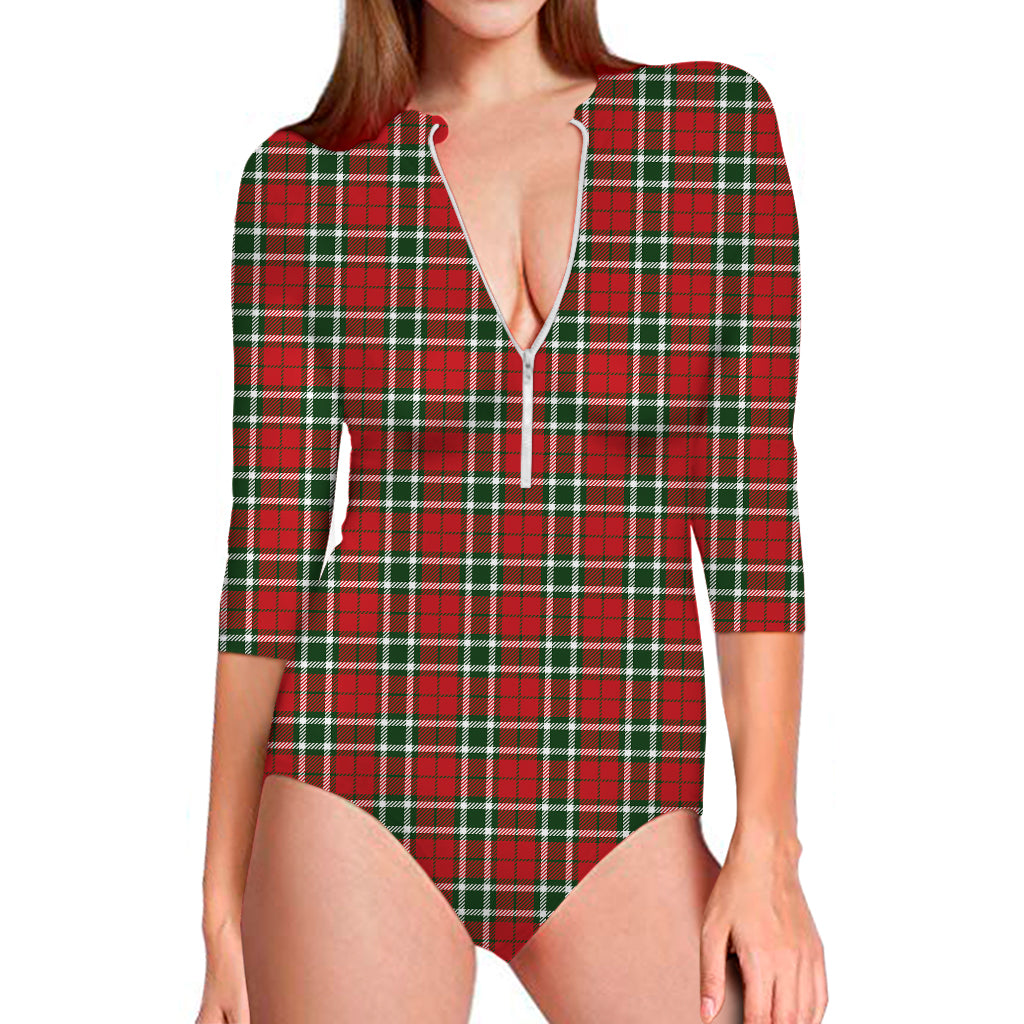 Red Green And White Tartan Pattern Print Long Sleeve Swimsuit