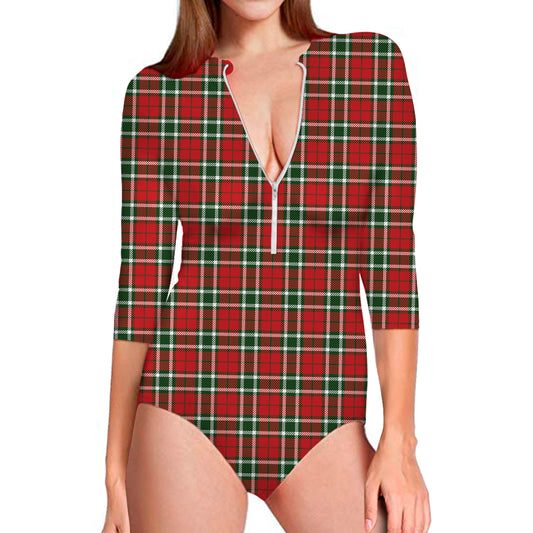 Red Green And White Tartan Pattern Print Long Sleeve Swimsuit