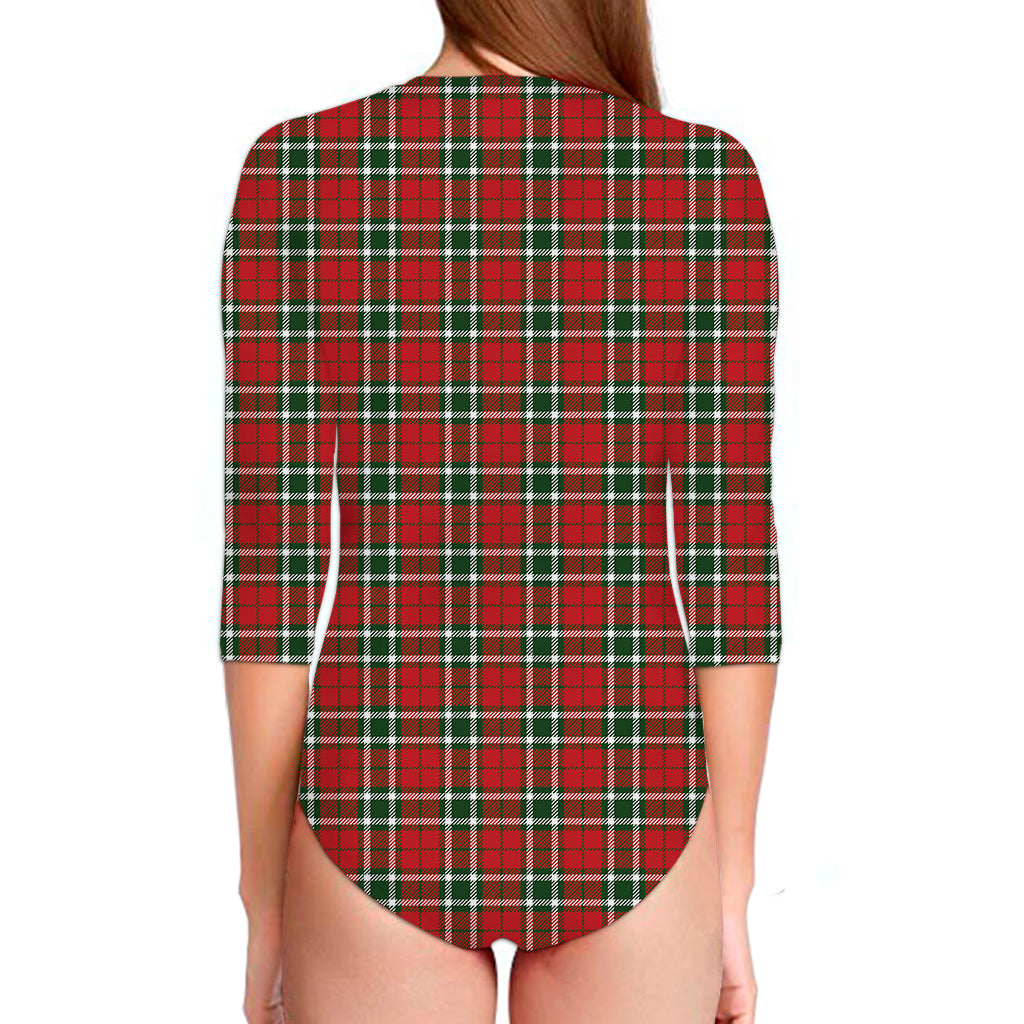 Red Green And White Tartan Pattern Print Long Sleeve Swimsuit