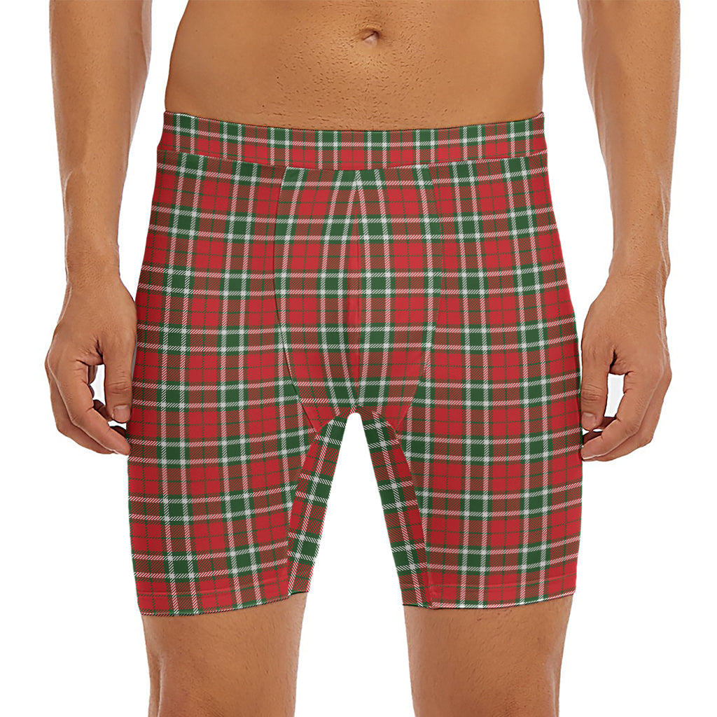 Red Green And White Tartan Pattern Print Men's Long Boxer Briefs