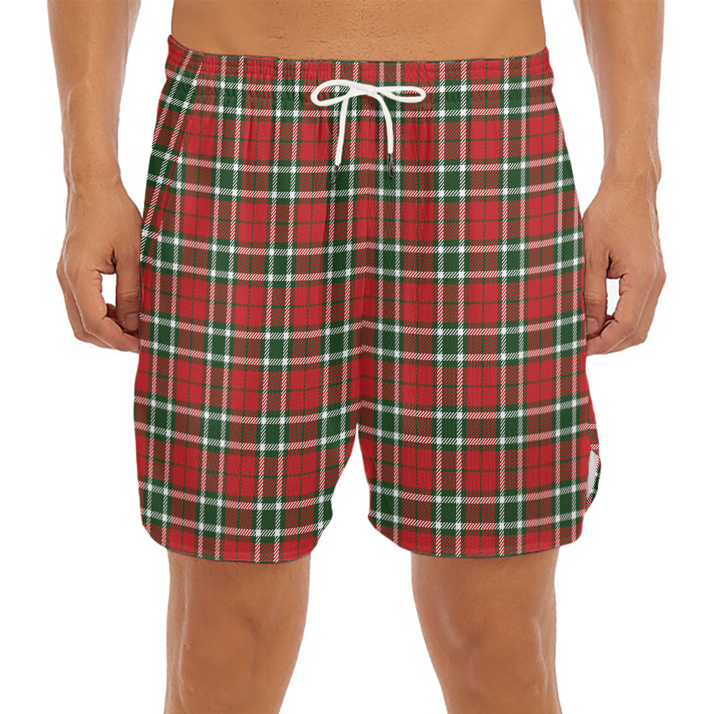 Red Green And White Tartan Pattern Print Men's Split Running Shorts