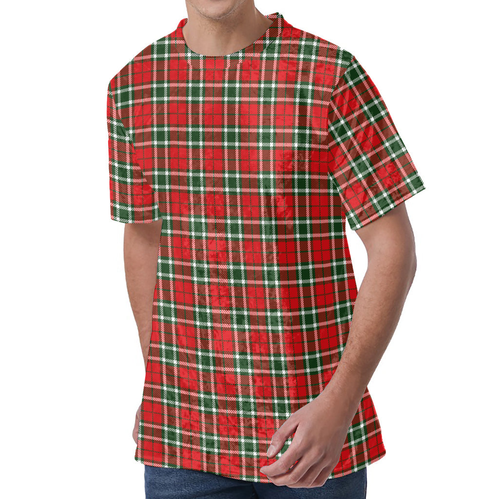 Red Green And White Tartan Pattern Print Men's Velvet T-Shirt