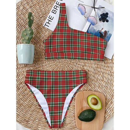 Red Green And White Tartan Pattern Print One Shoulder Bikini Top