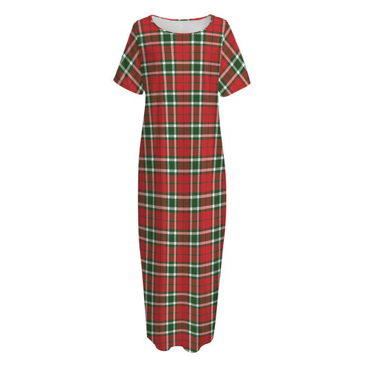 Red Green And White Tartan Pattern Print Short Sleeve Long Nightdress