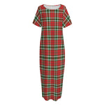 Red Green And White Tartan Pattern Print Short Sleeve Long Nightdress