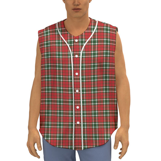 Red Green And White Tartan Pattern Print Sleeveless Baseball Jersey