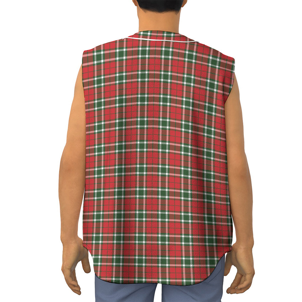 Red Green And White Tartan Pattern Print Sleeveless Baseball Jersey