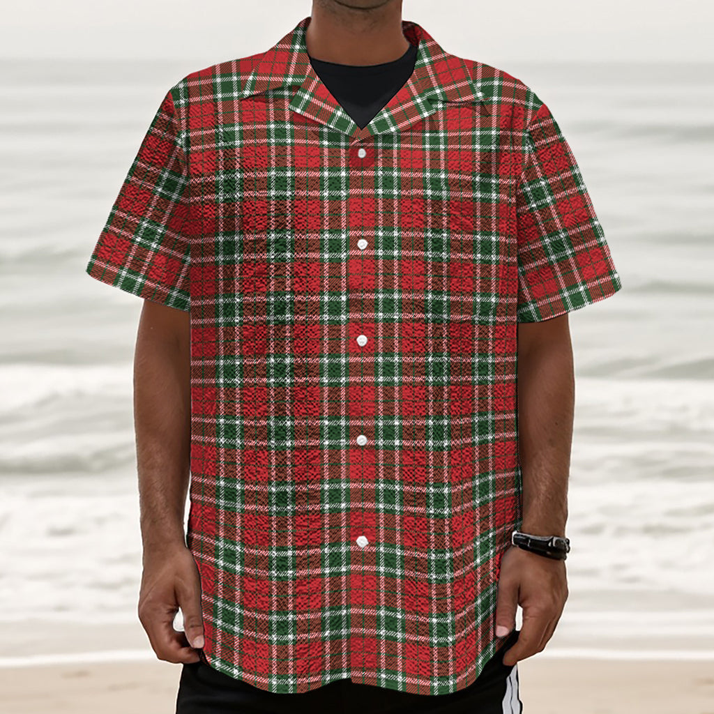 Red Green And White Tartan Pattern Print Textured Short Sleeve Shirt