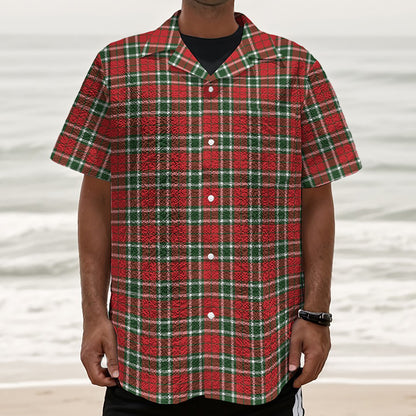 Red Green And White Tartan Pattern Print Textured Short Sleeve Shirt