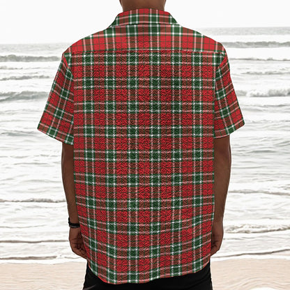 Red Green And White Tartan Pattern Print Textured Short Sleeve Shirt