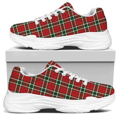 Red Green And White Tartan Pattern Print White Chunky Shoes