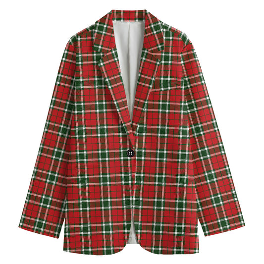 Red Green And White Tartan Pattern Print Women's Cotton Blazer