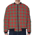 Red Green And White Tartan Pattern Print Zip Sleeve Bomber Jacket