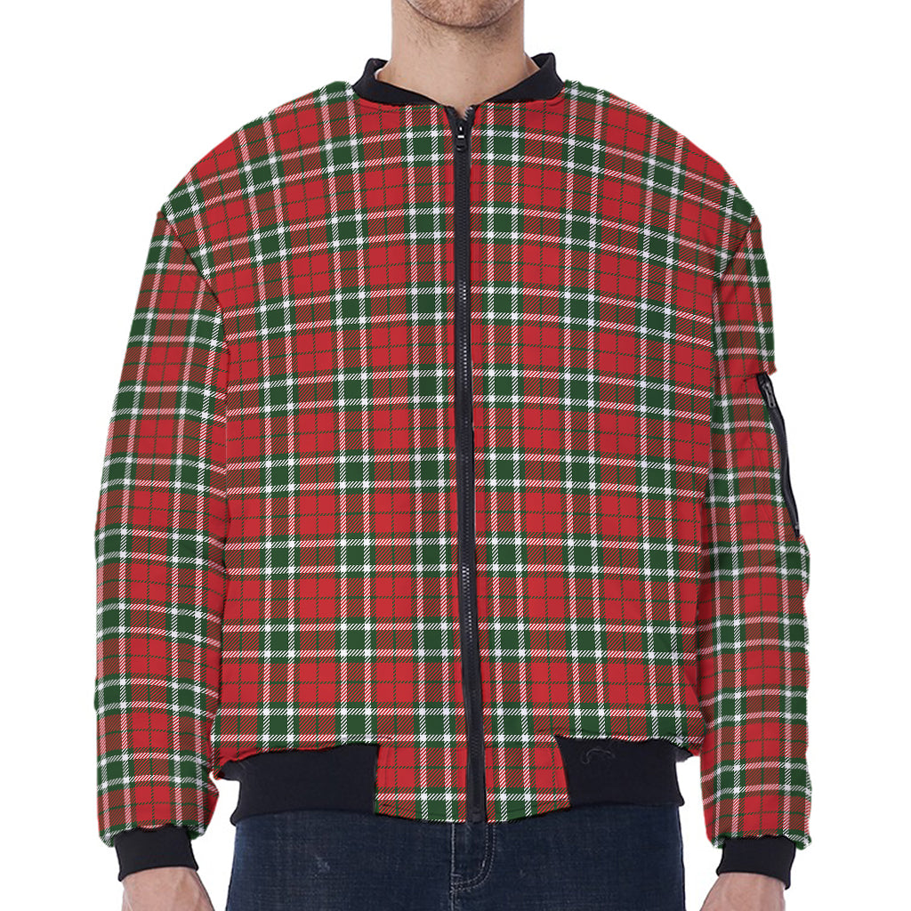 Red Green And White Tartan Pattern Print Zip Sleeve Bomber Jacket