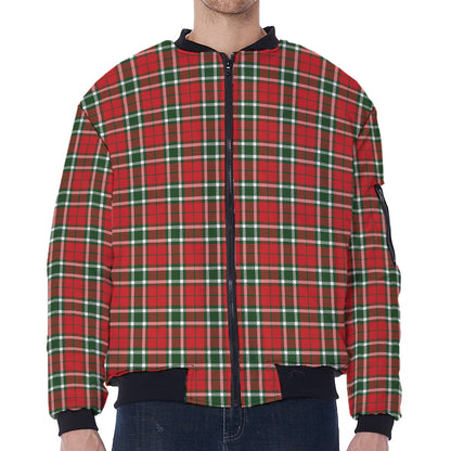 Red Green And White Tartan Pattern Print Zip Sleeve Bomber Jacket