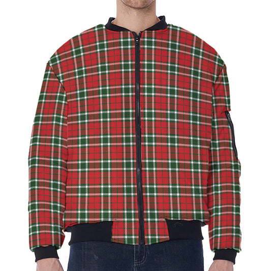 Red Green And White Tartan Pattern Print Zip Sleeve Bomber Jacket