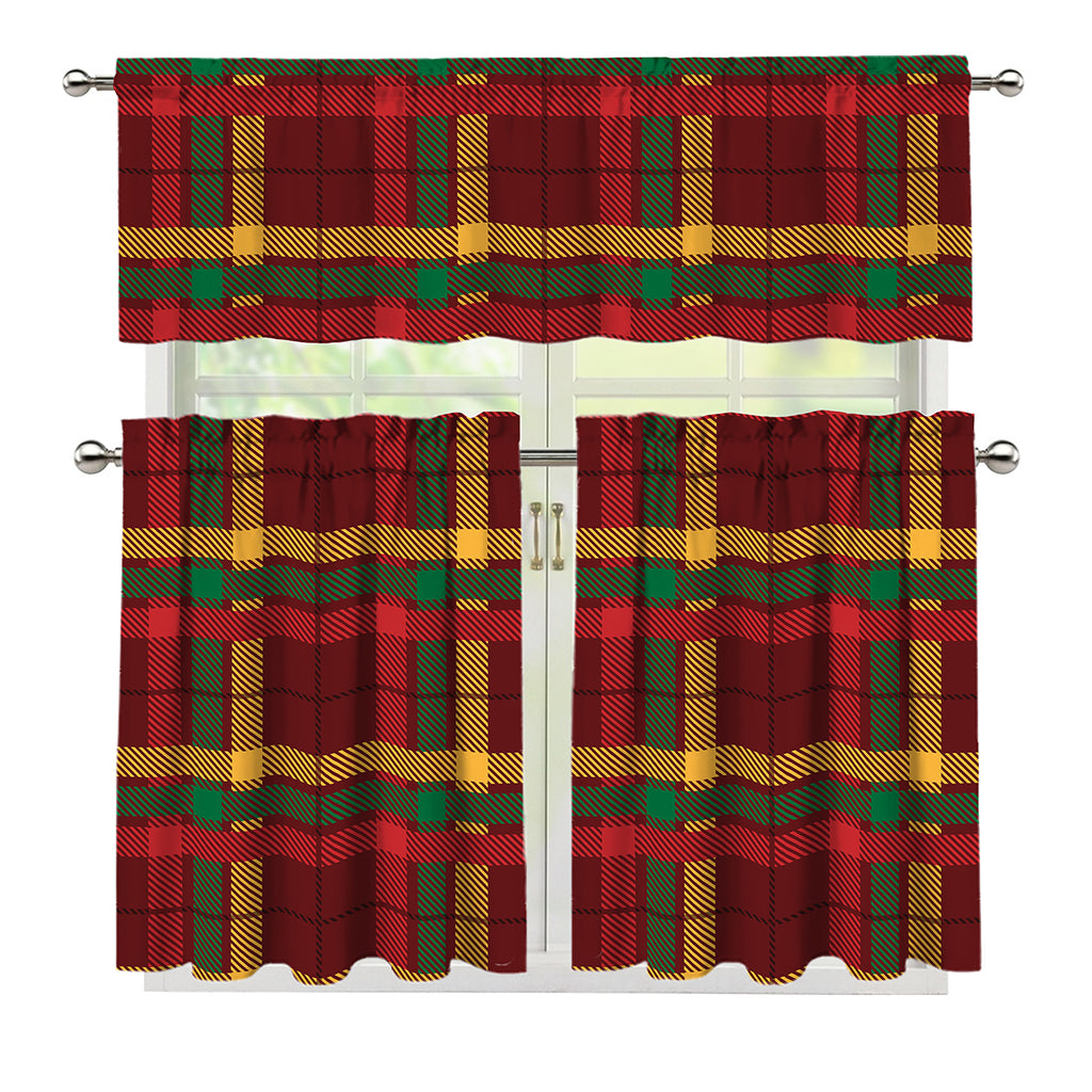 Red Green And Yellow Stewart Print 3 Piece Kitchen Curtains