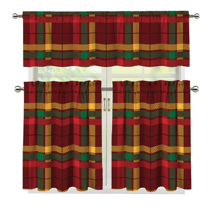 Red Green And Yellow Stewart Print 3 Piece Kitchen Curtains