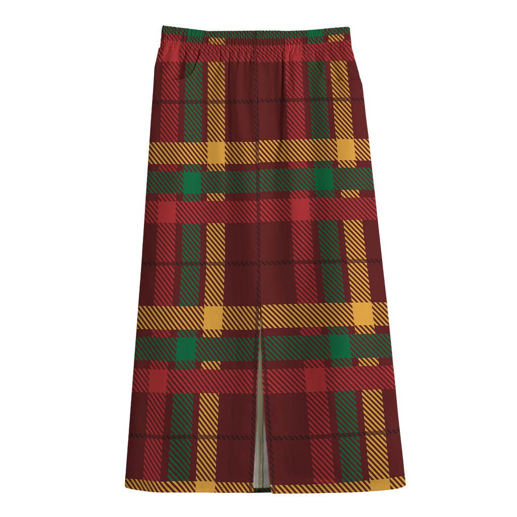 Red Green And Yellow Stewart Print Cotton Front Slit Maxi Skirt