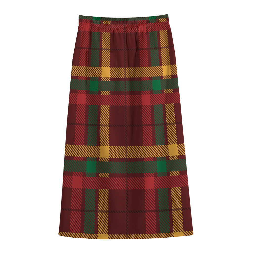 Red Green And Yellow Stewart Print Cotton Front Slit Maxi Skirt