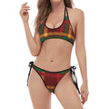 Red Green And Yellow Stewart Print Halter Scoop Tie Side Bikini