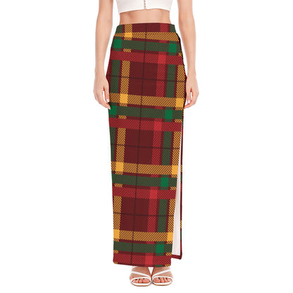 Red Green And Yellow Stewart Print High Slit Maxi Skirt
