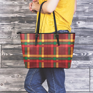 Red Green And Yellow Stewart Print Leather Tote Bag