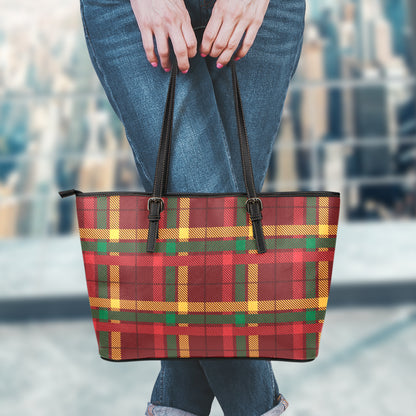 Red Green And Yellow Stewart Print Leather Tote Bag