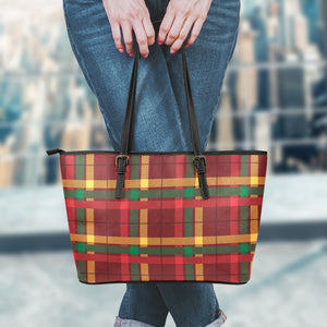 Red Green And Yellow Stewart Print Leather Tote Bag